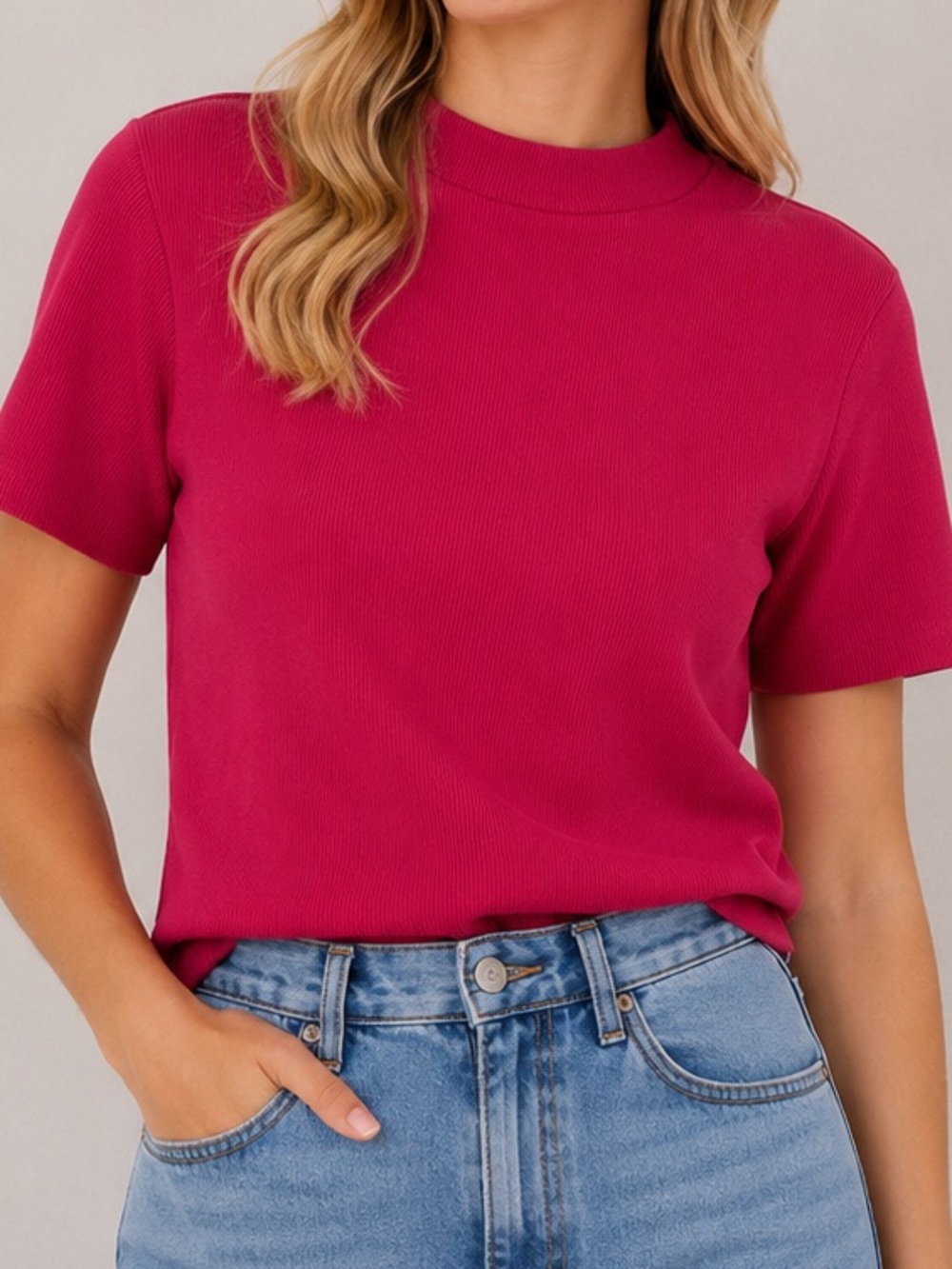 Maeve by Anthropologie - Half Sleeve Mock Neck Tee in Raspberry